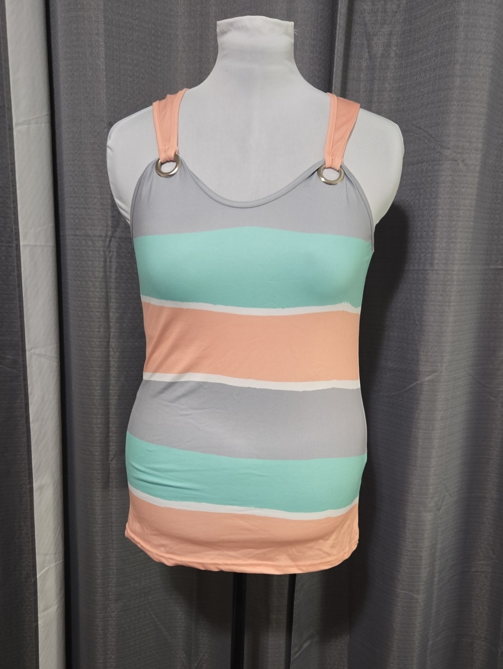 Sleeveless Ring-Detail Stripe Tank in Peach, Mint & Gray